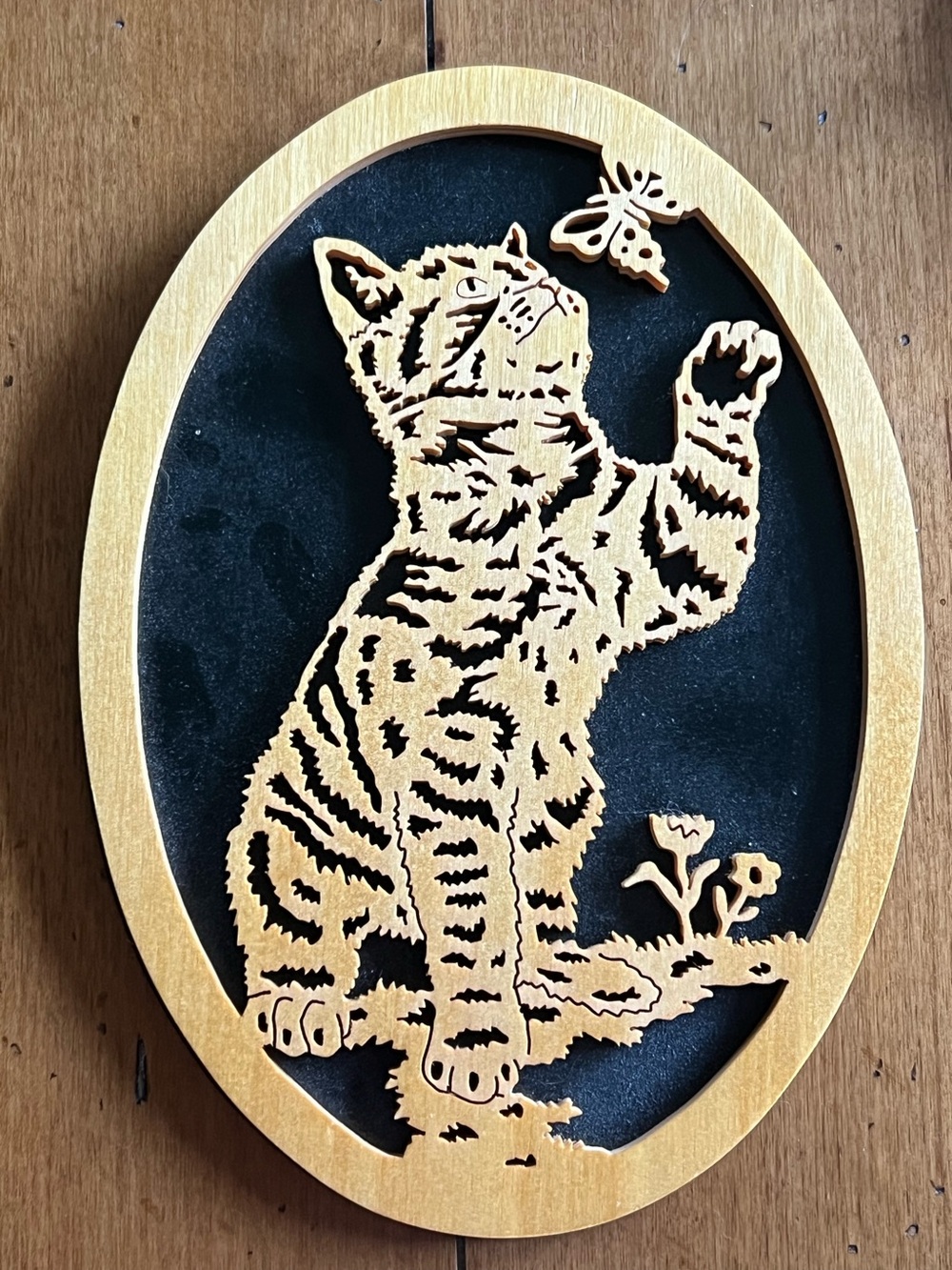 Wooden laser cut cat and butterfly wall plaque 10”x7”